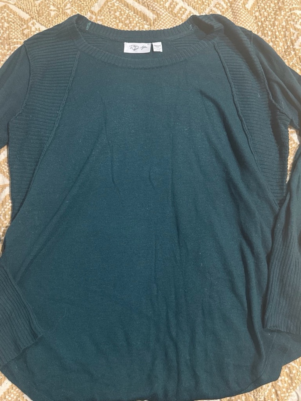 RD Style Teal Crewneck Sweater with Ribbed Shoulder Detail